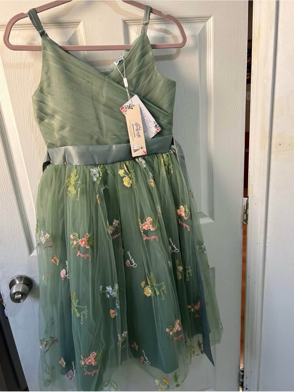 Girls Green Floral Embroidered Tulle Dress